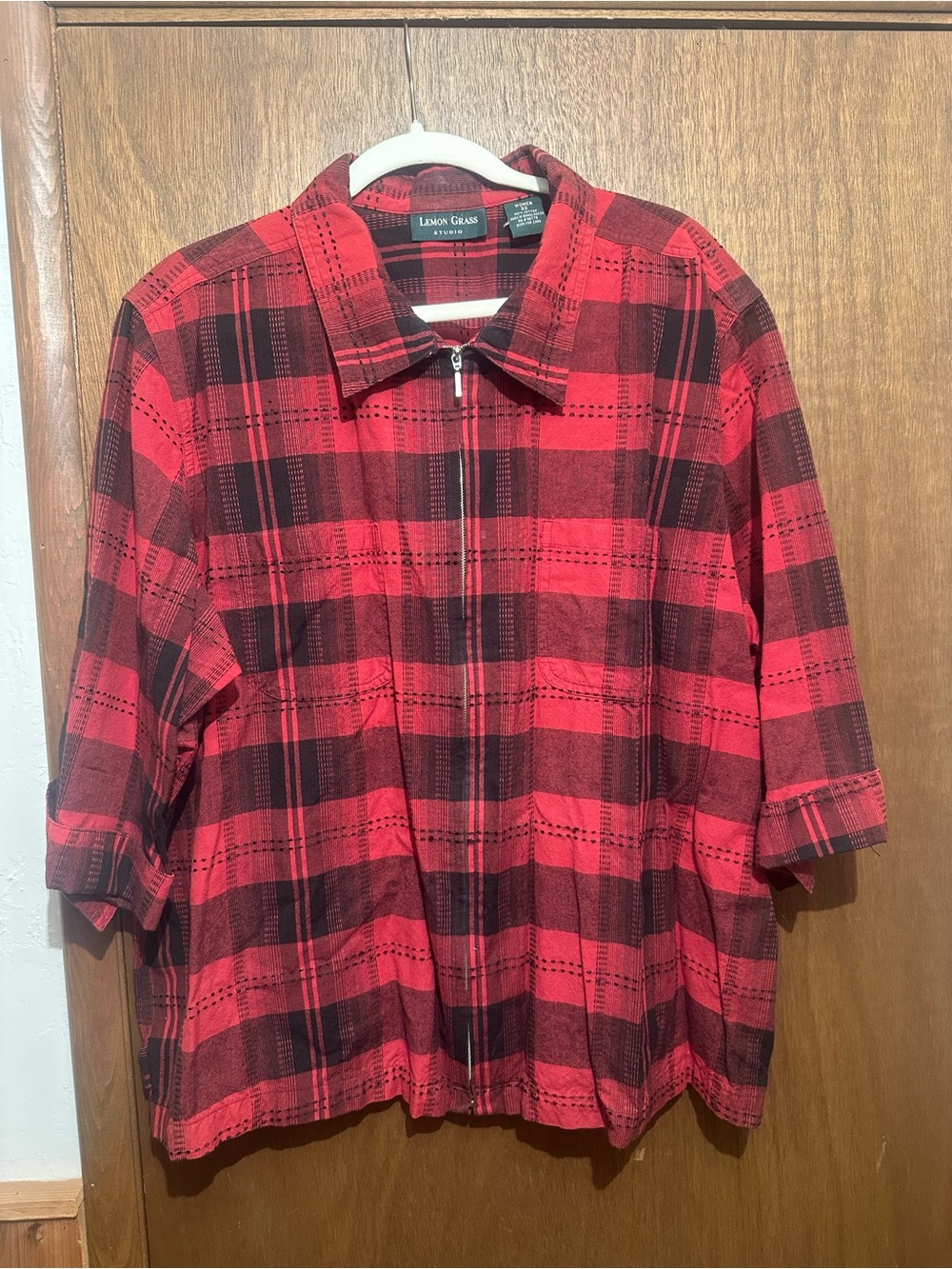 Lemon Grass Red and Black Plaid Zip-Front Shirt Jacket
